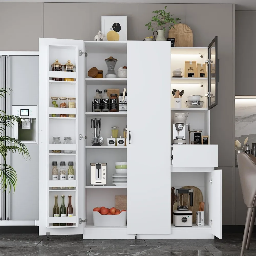 

18 Hidden Shelves & Glass Doors, Storage Cabinet with Drawer & 4 Doors, Cupboard,Tall Kitchen Pantry with 3 Color LED Light