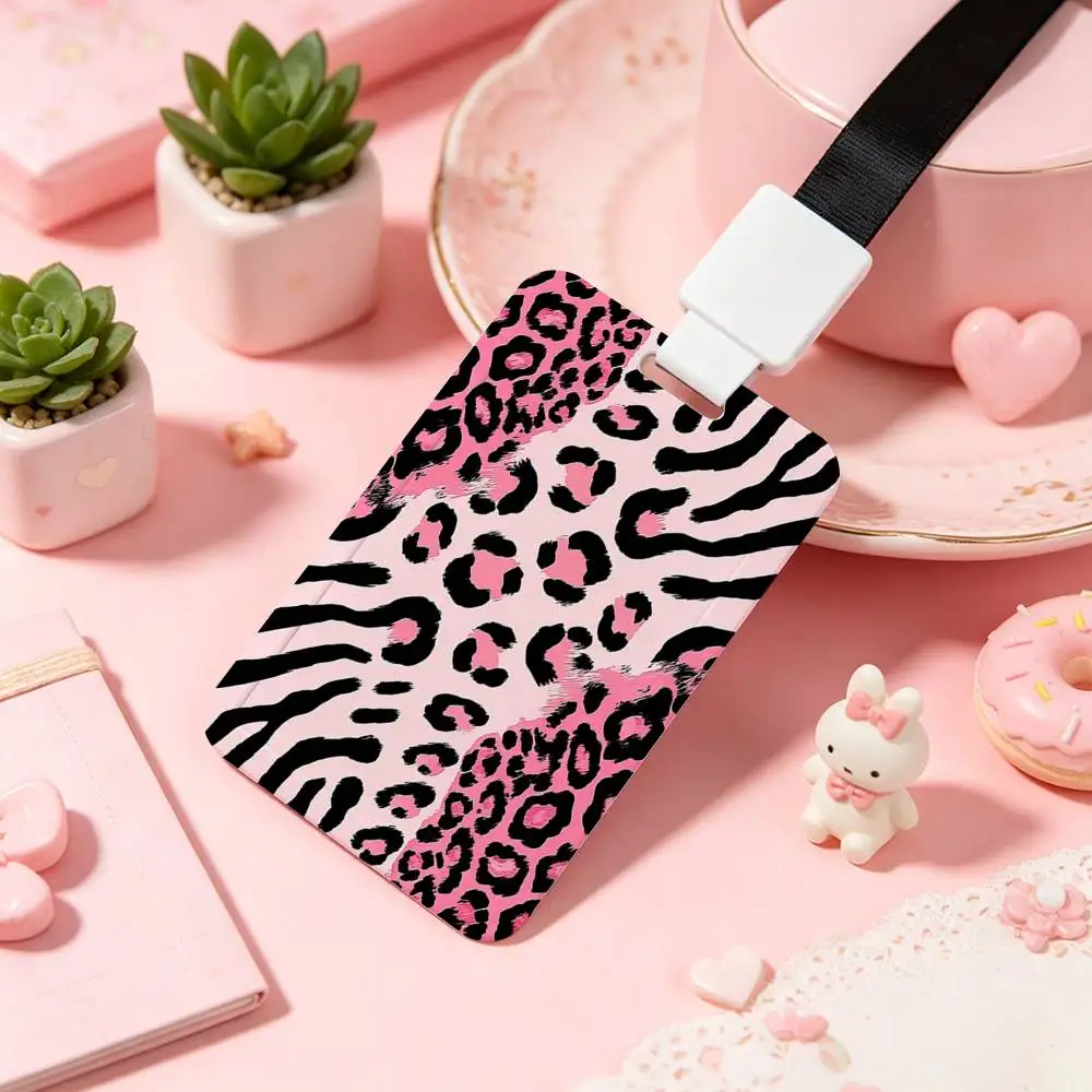 Pink Black Leopard Print Employee ID Badge With Name Tag, Lanyard, High-end Work Badge, Card Holder, Student ID Badge