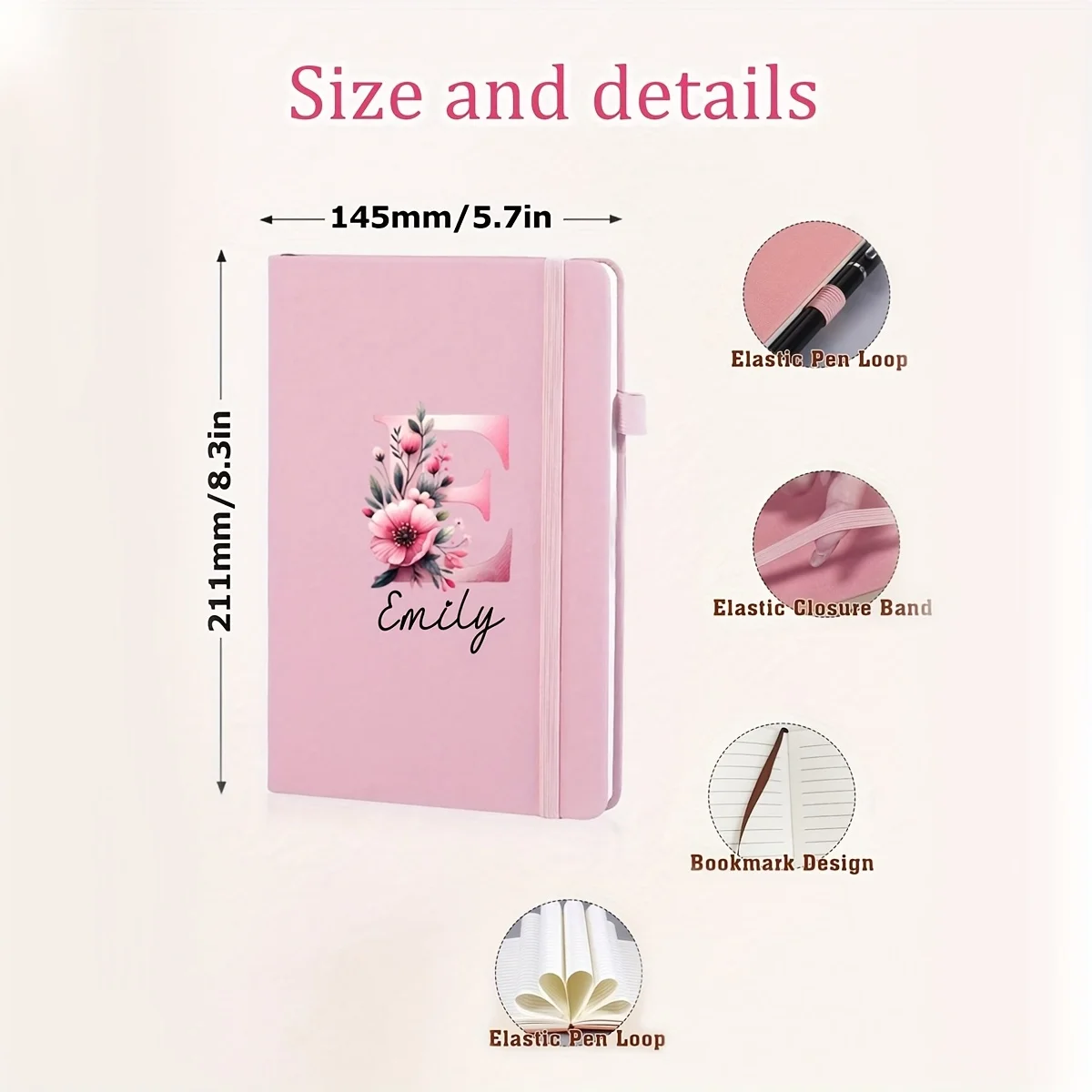 Custom Floral Initial A5 PU Notebook Personalized Name Elastic Journal Gift for Women Birthday Wedding Office