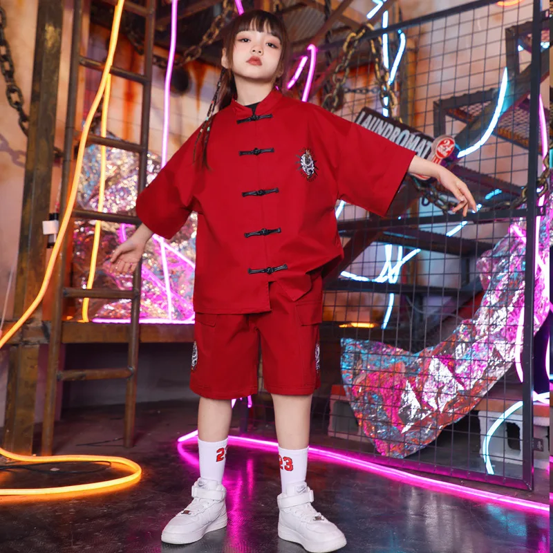 Kid Chinese Tradition Wine Red Red Kung Fu Tang Suit Shirt Casual Dragon Shorts for Girl Boy Hip Hop Jazz Dance Costume Clothes