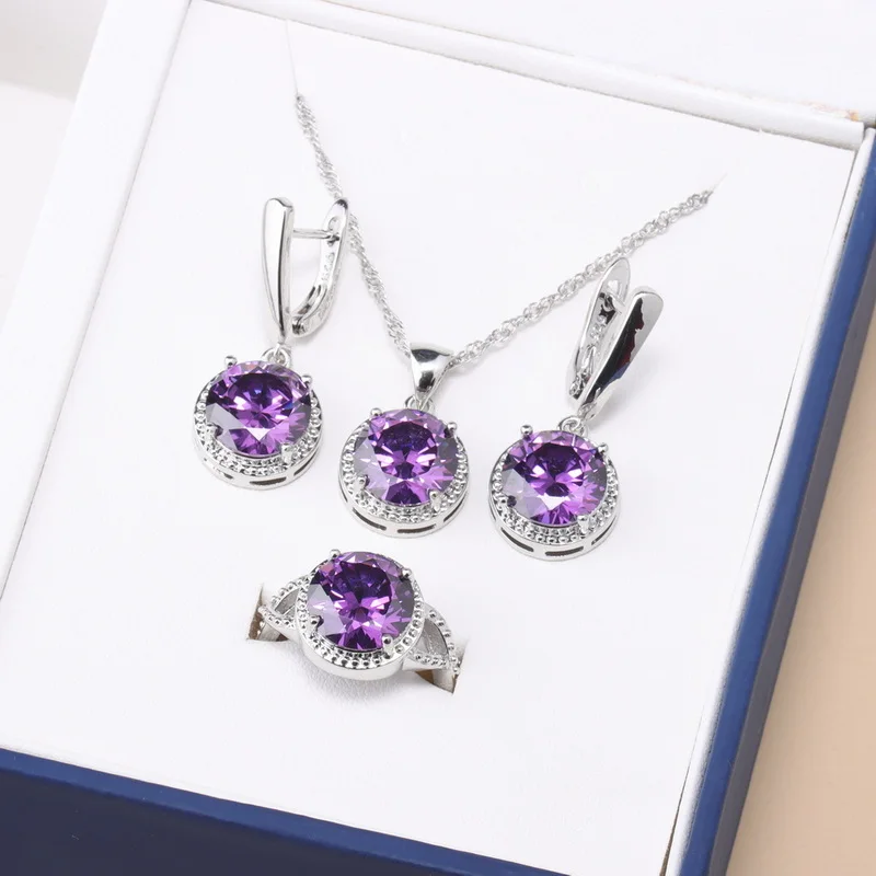 Elegant Women Wedding 925 Silver Bridal Jewelry Natural Crystal Earrings Necklace Pendant Open Ring 4-Piece Sets Gift