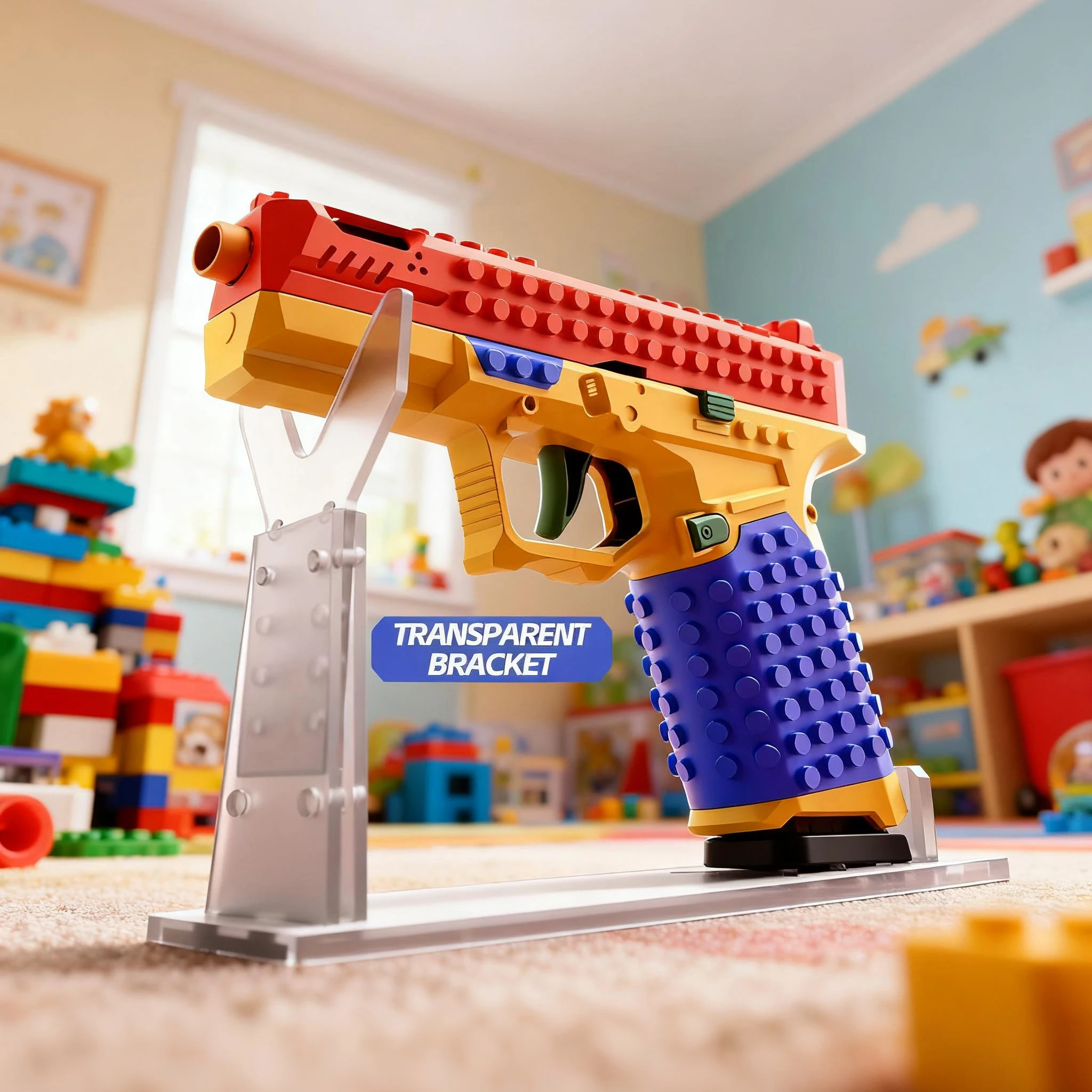 

Building block gun. A blue, yellow and red gun. Toy guns can be fired. Collectible desktop ornaments. Gifts for children.