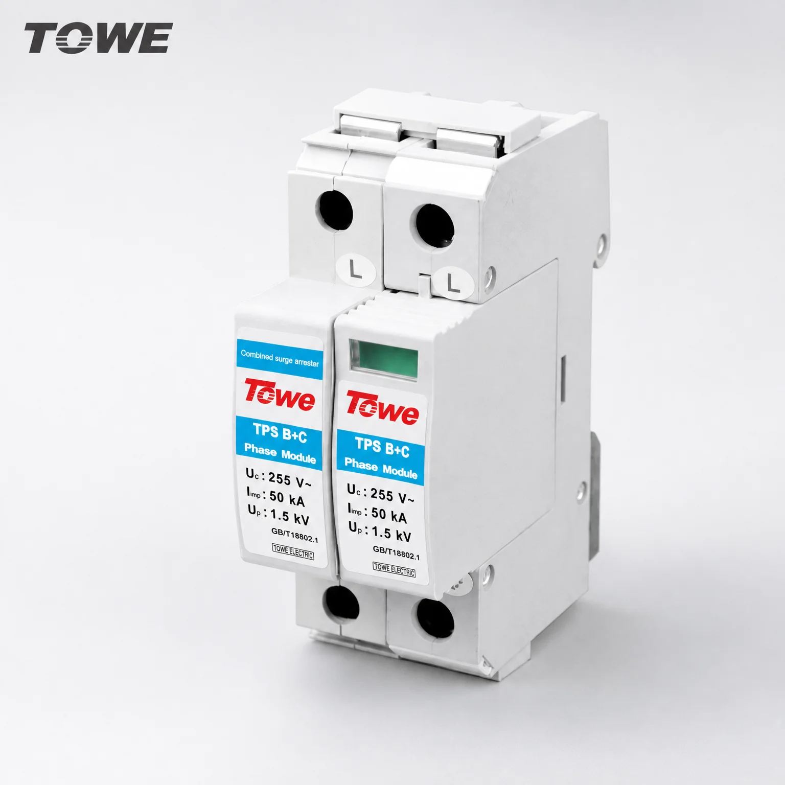 TOWE TPS B+C Type 1+2 SPD Surge Arrester 50kA Iimp 10/350us Combined Surge Protective Device AC 255V DIN Rail T1 T2