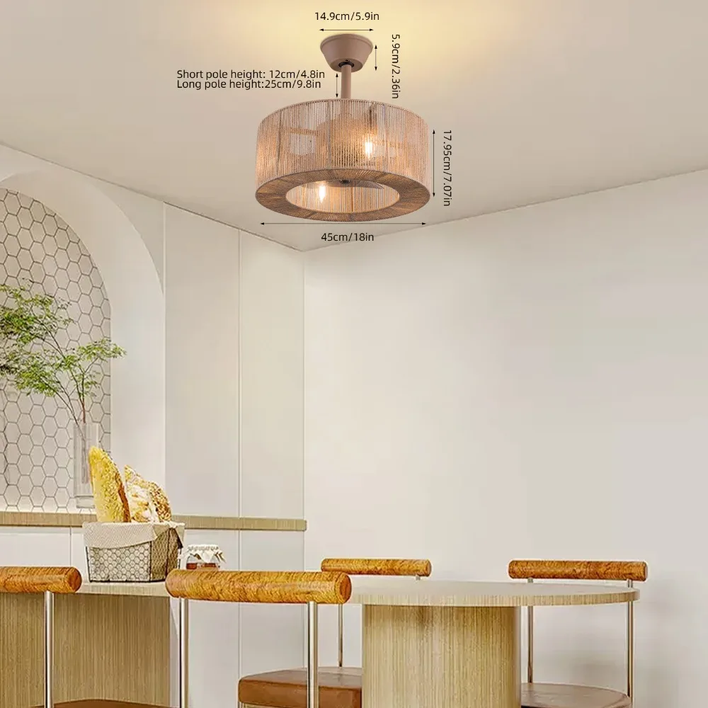 Ceiling Fan, 18 Inch Wooden Color, Pull Chain Mesh Cover, Variable Frequency Motor, No Light E27x4, European Standard Ceiling Fans for Home Lighting