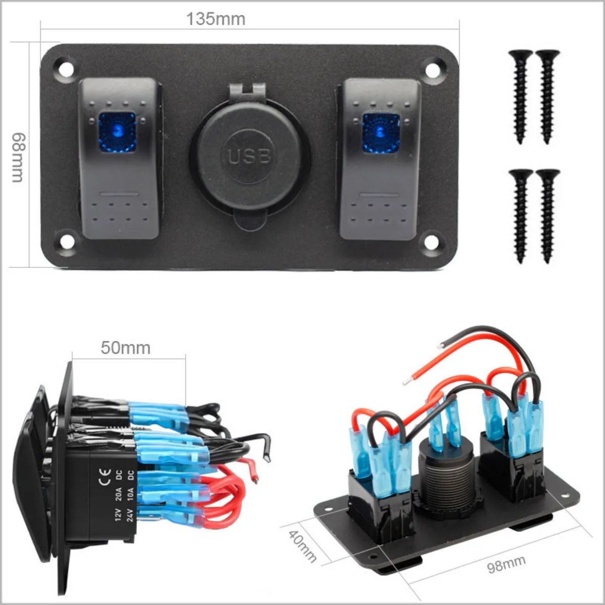 2+1 Car Switch Rocker Switch Modified Combination Panel 4.2A Dual USB Car Charger Blue Light