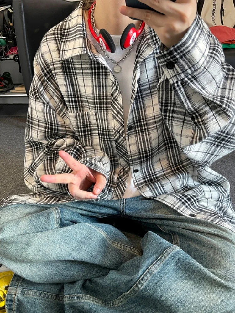 

Men's Loose Plaid irt Sli Haome American Retro Top Small Fraance Sle Autumn New Faion Polyester Cotton Blend