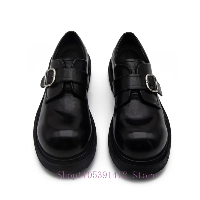 Men Black Monk Shoes Adjustable Buckle Big Round Toe Thick Sole Loafers Genuine Leather Platform Casual Dress Shoes