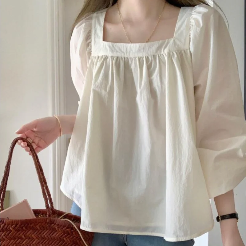

Spring Summer Vintage French Puff Sleeve White Cotton Blouse for Women Square Neck Top Casual Spring Fashion Long Sleeve Shirt