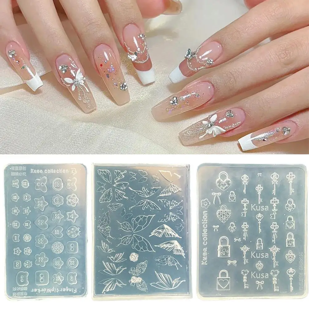 

3D Button Butterfly Key Lock Silicone Nail Molds Nails Charms Reusable Clear Resin Molds Art Nail Stamping DIY Manicure Art Tool