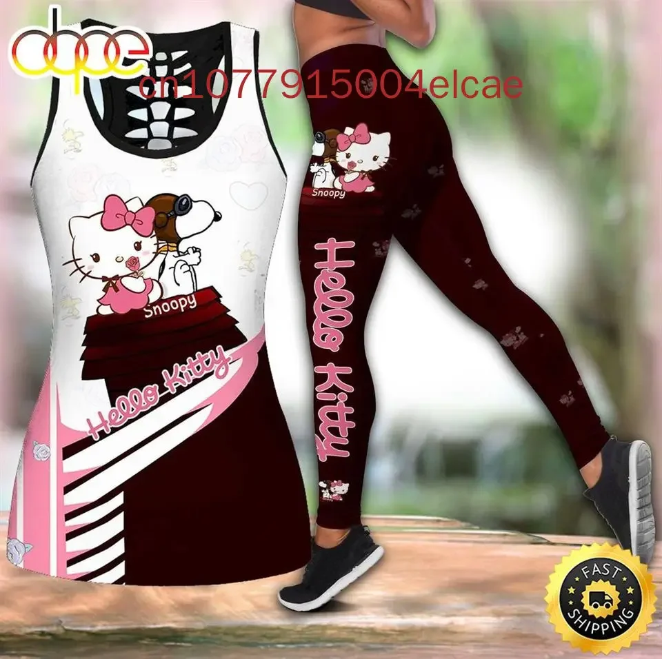 New Hello Kitty Women's Hollow Vest + Women's Leggings Yoga Suit Fitness Leggings Sports Suit Disney Tank Top Legging Set