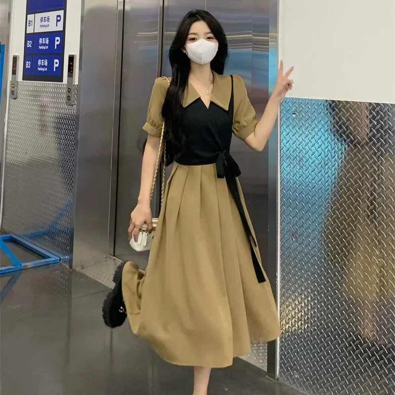 여름 여성 데일리 슬림핏 루슈 드레스 여성 다용도 새틴 의상 미디 드레스 여성스러운 정장 행사 타이업 드레스