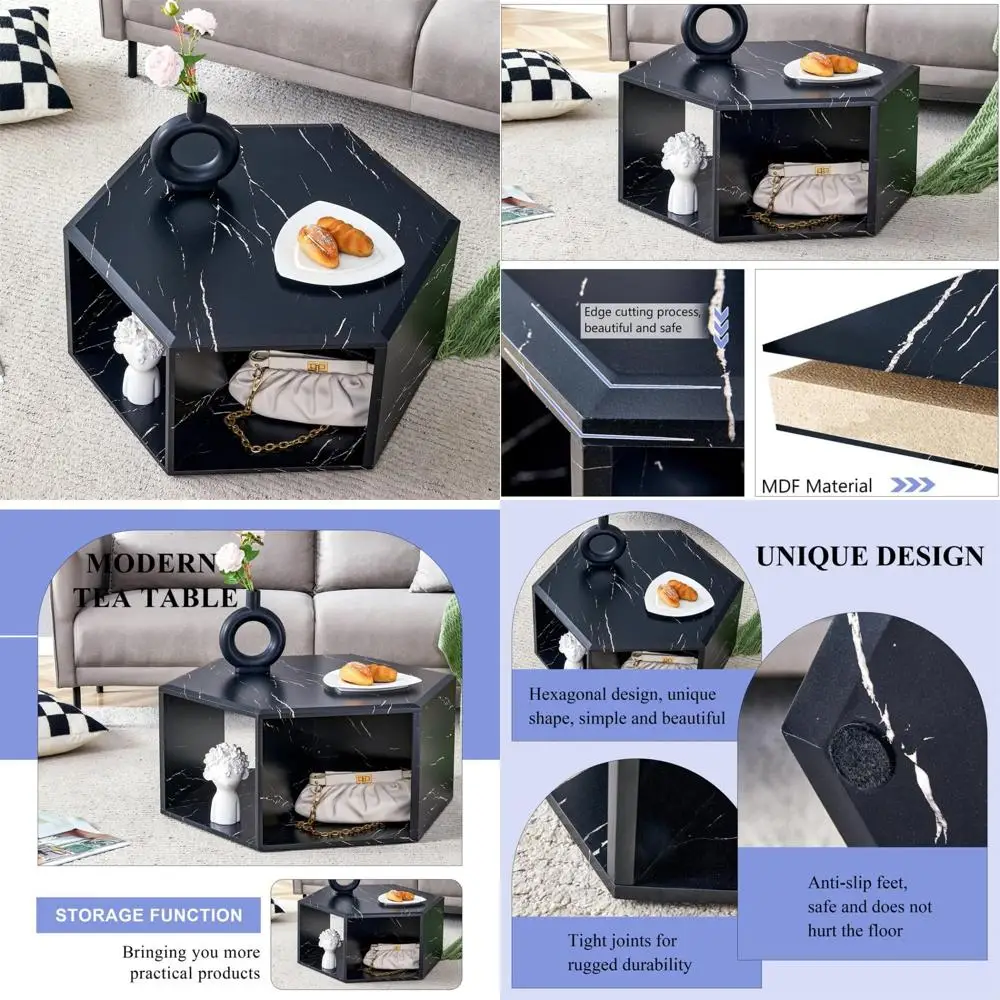Faux Marble Coffee Table with Storage, Modern Hexagonal Living Room Table, Black Tabletop for Books and Decorative Items