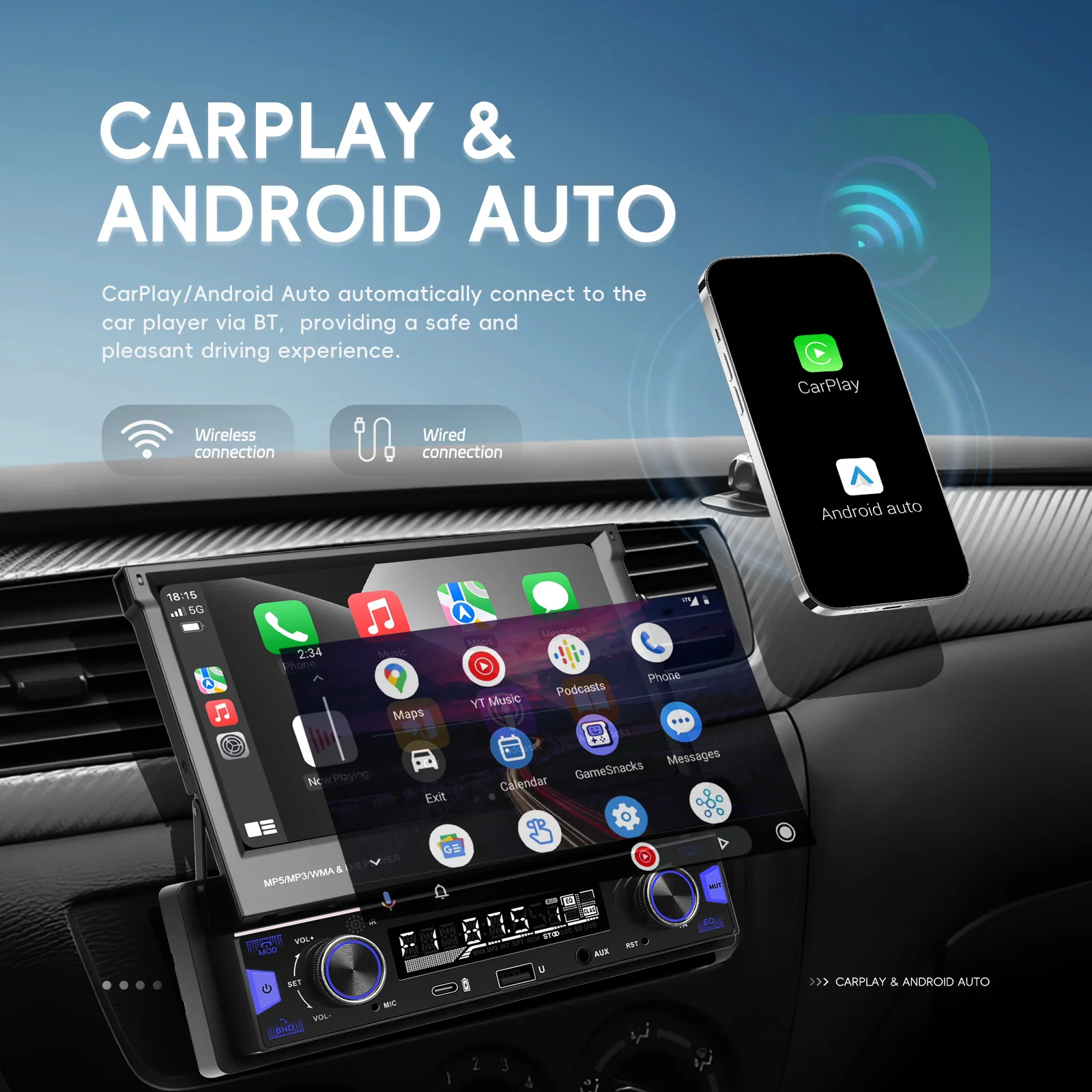 Hikity 7 بوصة One DIN سيارة الوسائط المتعددة MP5 راديو تلقائي يدعم CarPlay، Andriod مشغل صوت تلقائي شاشة لمس قابلة للسحب BT، FM