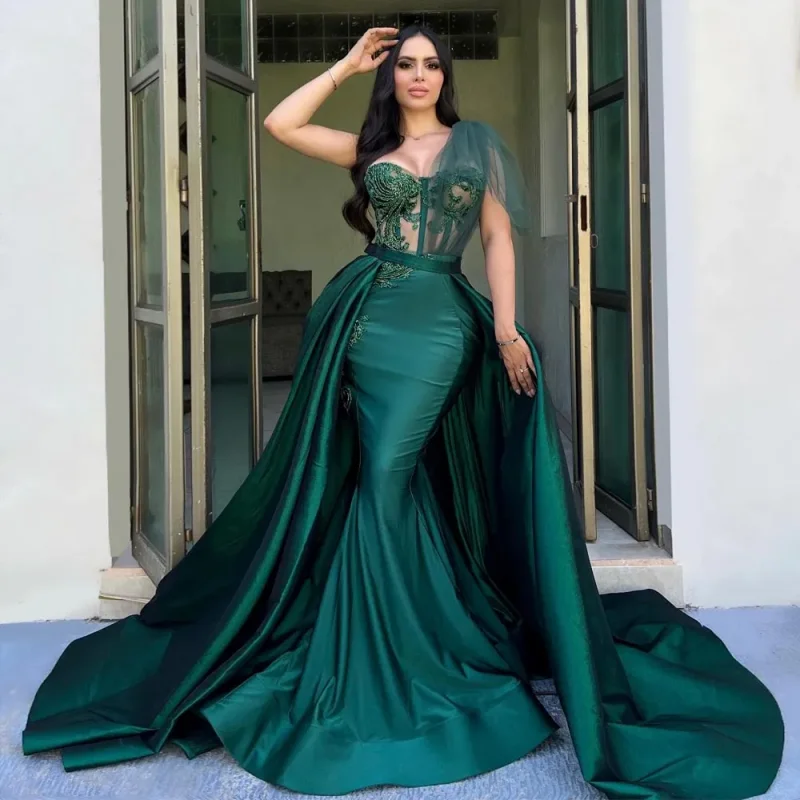 Robe de Rhsirène verte sexy avec poignées, perles de train amovibles, tenue de soirée pour occasions spéciales, décolleté en satin, tenue de soirée, quelle que soit la chérie de la présidence