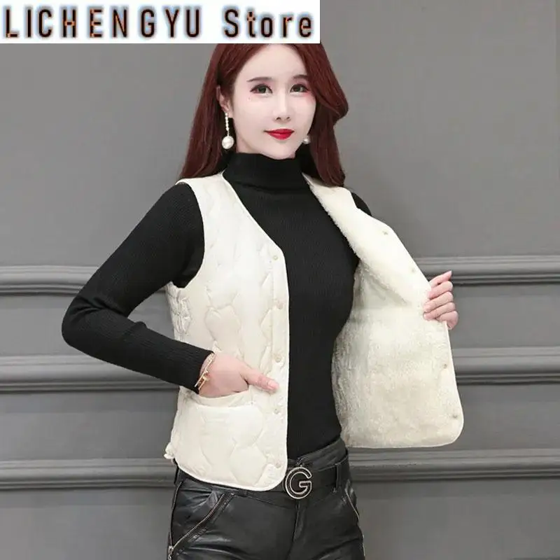 

Winter Down Cotton Vest Ladies Lamb Cashmere New Thin Slim Short Warm Sleeveless Parkas Waistcoat Tops Female Jacket