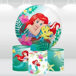 Under the Sea Mermaid Round Backdrop Cover for Girls Birthday Circle Background Photo Princess Ariel Candy Table Cylinder Covers