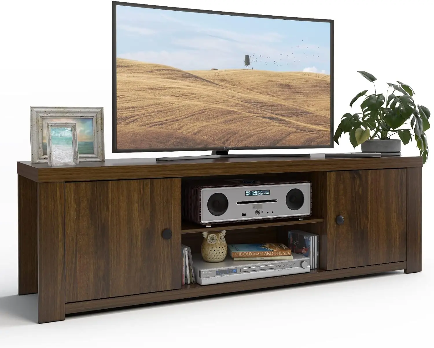 

Wooden TV Stand for 65-Inch TV, Classic Style TV Console Cabinet w/ 2 Cable Management Holes, Wide Countertop, Ample Storage