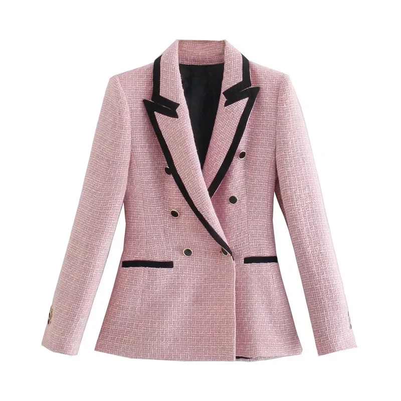 CNACNOO Women Elegant Pink Texture Double Breasted Tweed Blazer Long Sleeve Pockets Coats Female Fashion Streetwear Tops