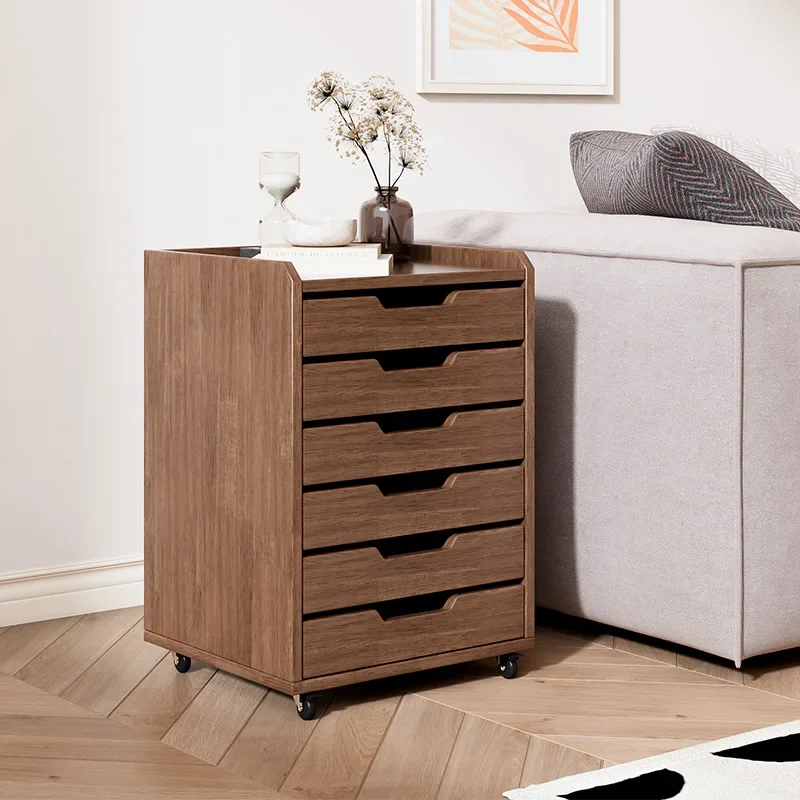 Solid wood low bookcase, Japanese-style mobile table with wheels, floor-to-ceiling drawer type layered storage cabinet