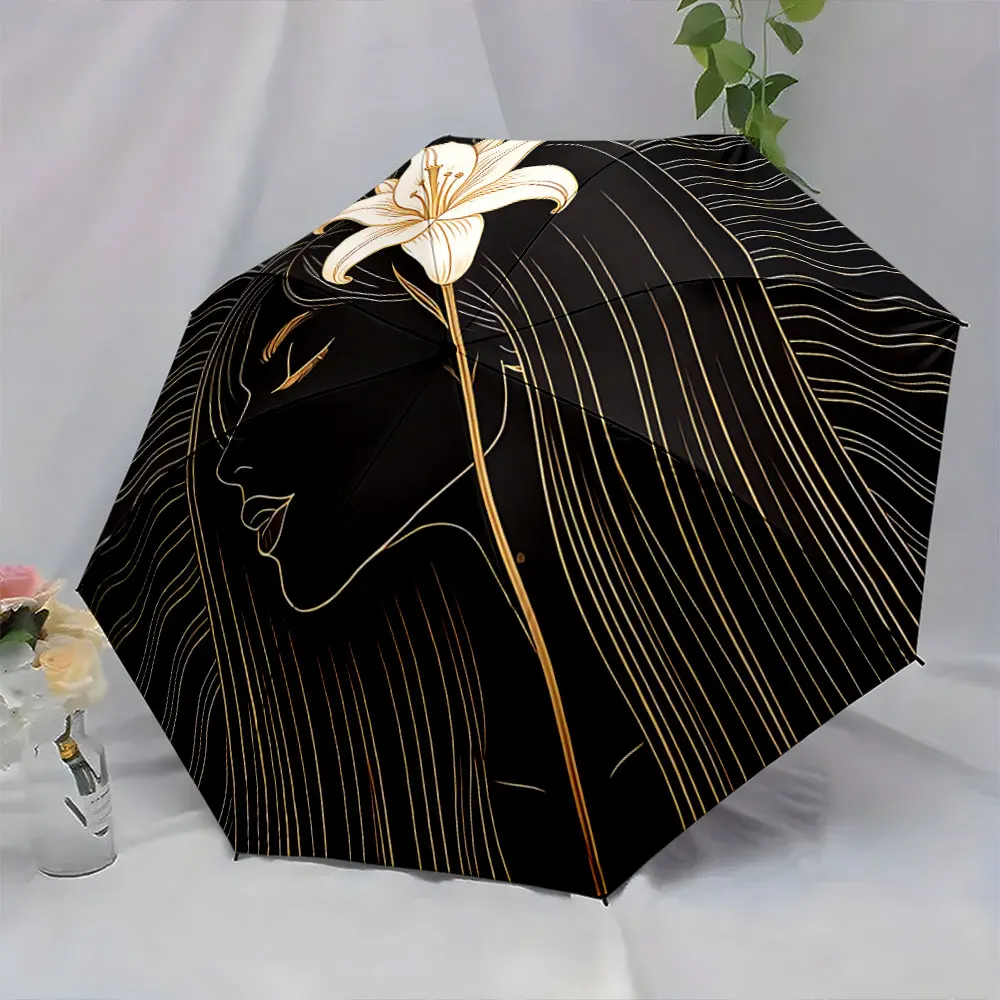 1PC Elegant Umbrella with Lily and Artistic Profile Design Print 8 Iron Ribs Folding Umbrella Auto-Open Fashion Sunshade