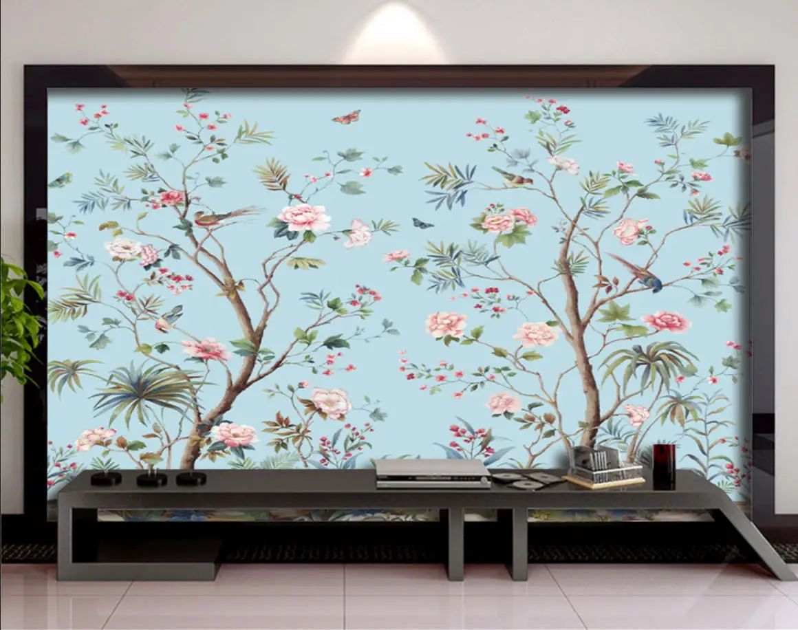 customized New Chinese style meticulous hand-painted flowers birds trees flowers customized 3D mural wallpaper canvas self-adhes