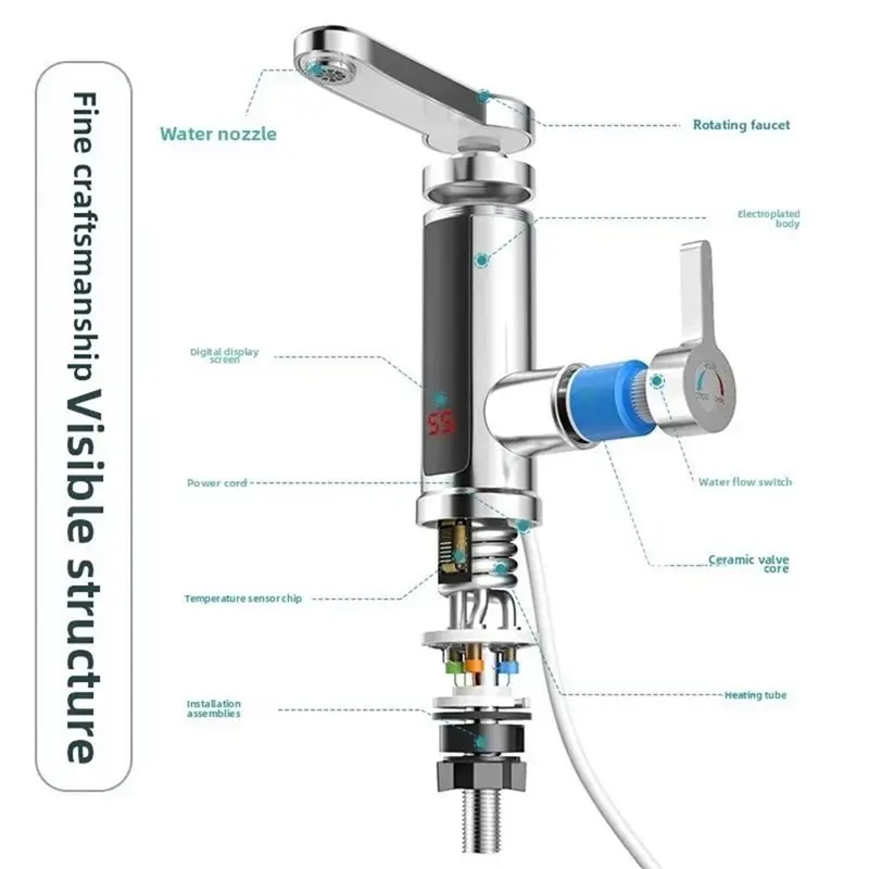 [B25B!】 Electric Water Heater Kitchen Faucet Tankless Instant Heating Water Tap Flowing Heated Mixer Digital Display EU Plug