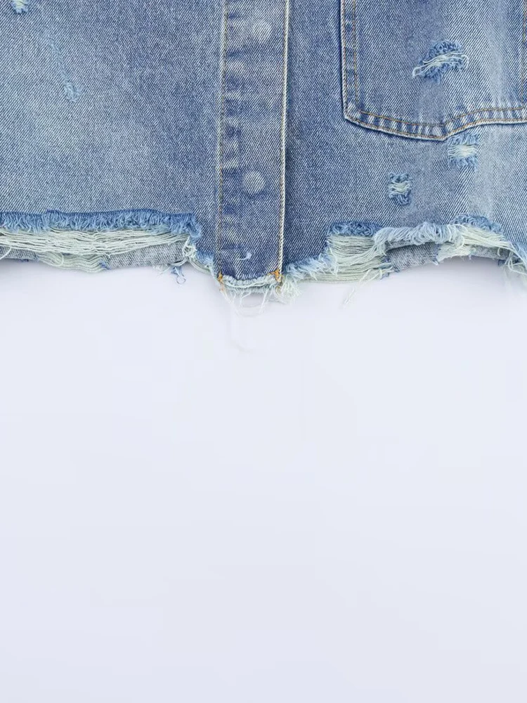 منتجات صيفية جديدة على الطراز الأوروبي والأمريكي ملابس نسائية بفتحة قصيرة من قماش الدنيم وسترة جينز مستقيمة متوسطة الخصر #6