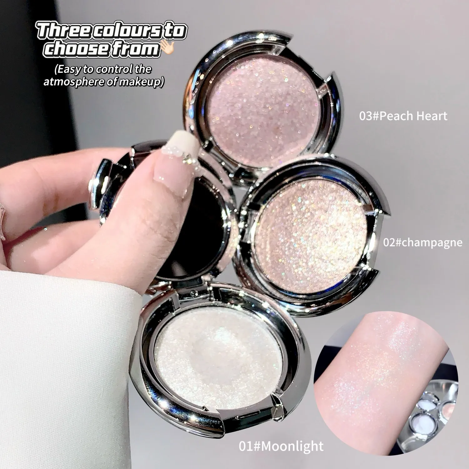 SHAQINUO 3 สี Pearlescent Flashy Face Contour Powder Compact พร้อม Fine Shimmer Highlighter Cream Powder Compact