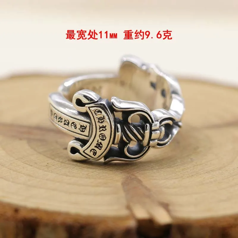 Thai silver 925 pure silver ruffian handsome double sword open ring with trendy silver decoration punk European and American sty