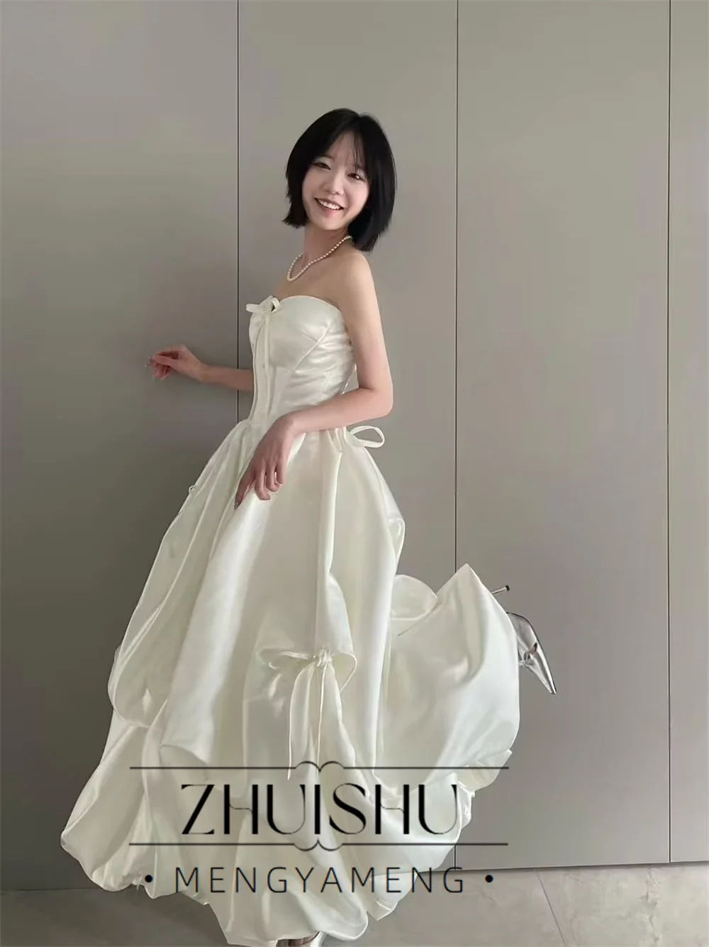 Customized Sweetheart Korea Wedding Dresses Photos Shoot Satin Ribbons Women Party Evening Dress Corset A Line Wedding Gown