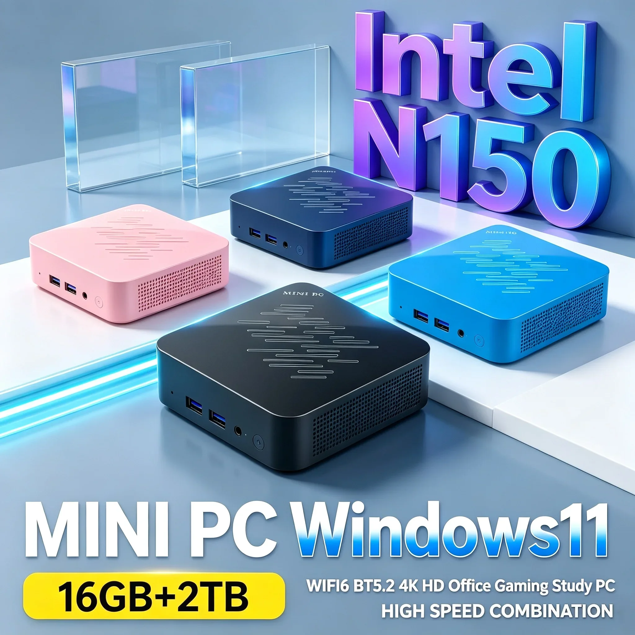 Intel N150 Mini Desktop PC 16GB RAM 1TB 2TB Optional SSD Windows 11 WiFi 6 BT5.2 Mini Computer Host Family Daily Work Computer