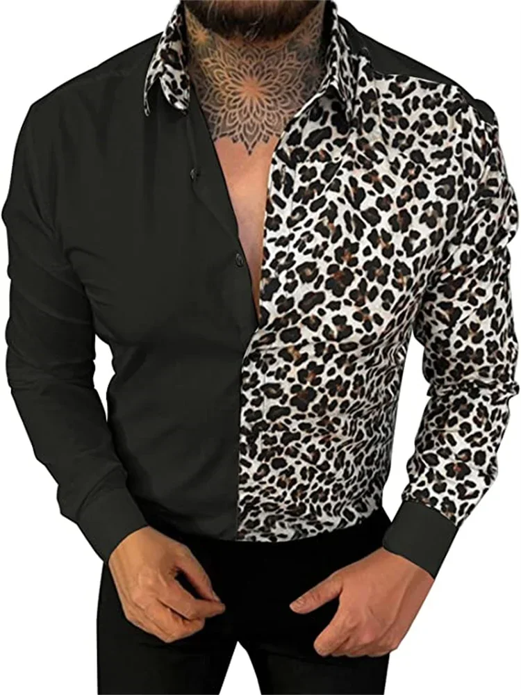 

2023 Fashion New Men's Retro Leopard Print Animal Print Button Long Sleeve Casual Shirt S-6XL Size Black White Leopard Print