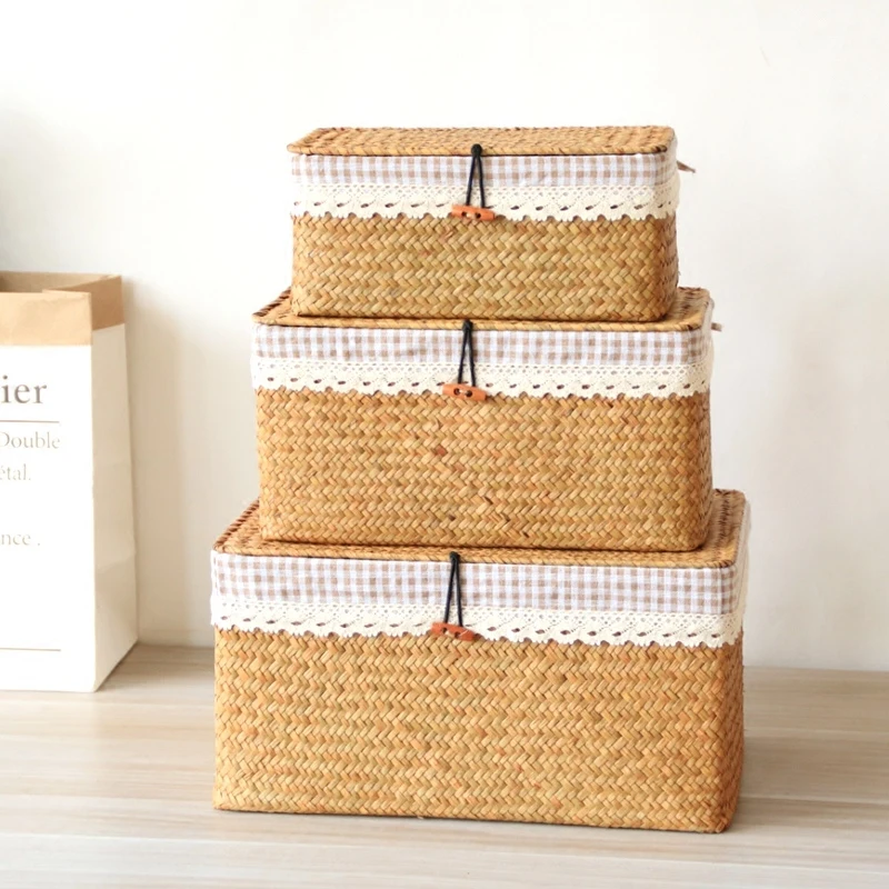 Seaweed Woven Box Grass Basket with Lid Household Storage Snack Rattan Fabric Rectangle Bedroom Sort Out Boxes