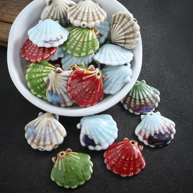 `Colorful Glazed Ceramic Seashell Charms Handmade Ocean Style Pendants Necklace Making Handcraft Component DIY Jewelry Craft