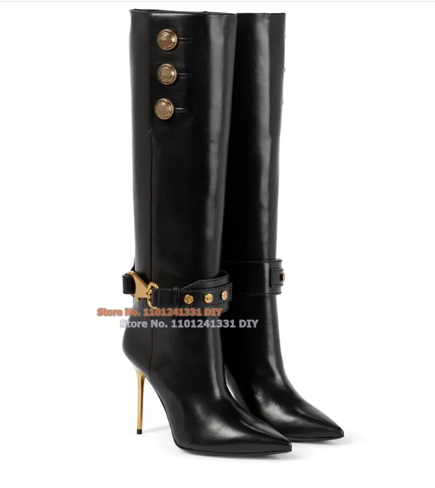 

Golden Medallion Buckle Bootie Sexy High Heeled Pointed Toe Knee High Bootd Women Buckle Strap Black Long Boot Plus Size 35-46