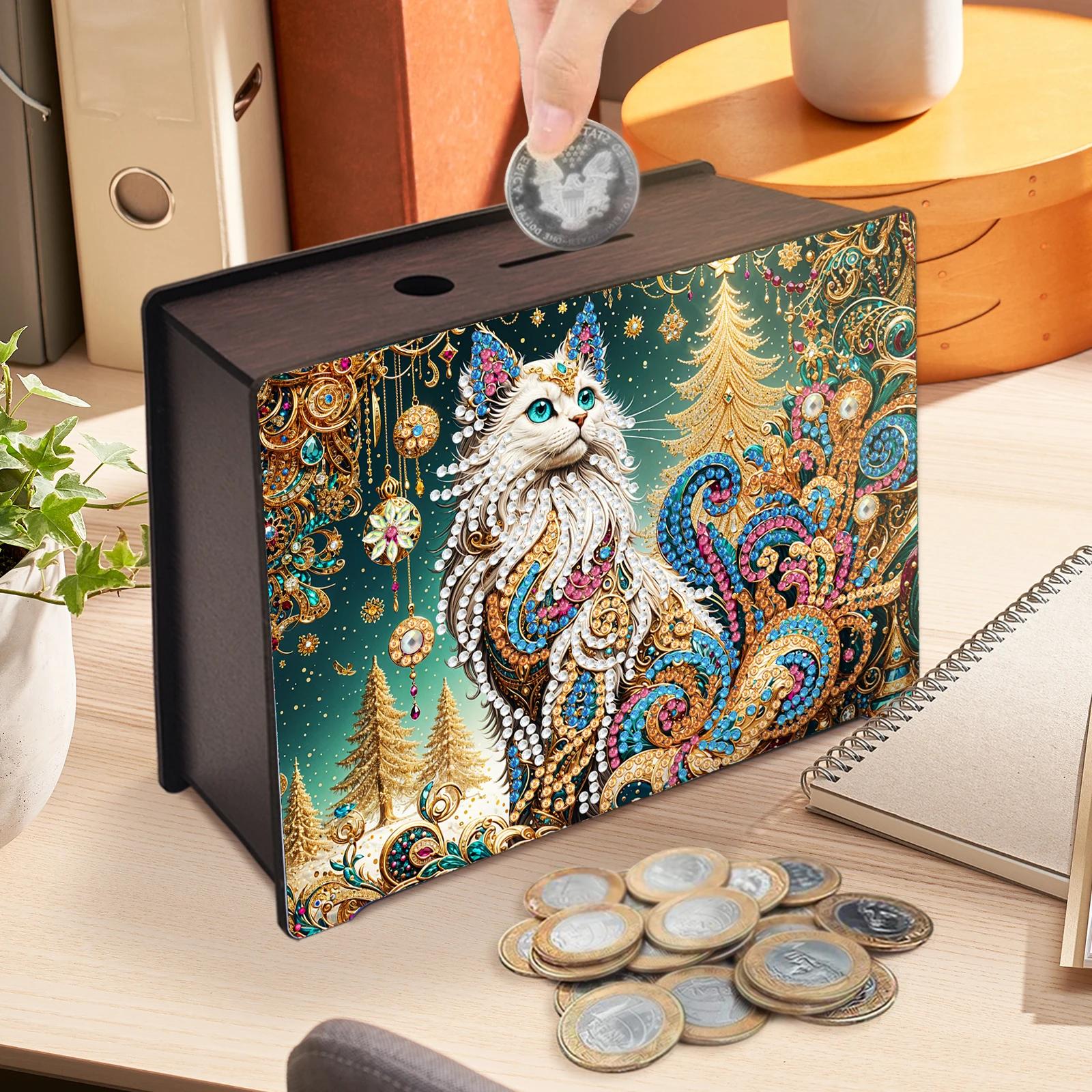 Diamond Art Painting Spaarpot Bureaudecoraties, Houten Geldbesparende Potdoos voor Cash Coin, 5D Diamond Dots Tafelornamenten