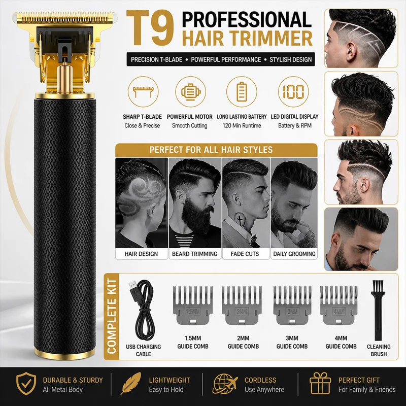 T9 Cordless Hair Trimmer for Men, Precision T-Blade Electric Barber Clipper without Digital Display for Beard, Hairline