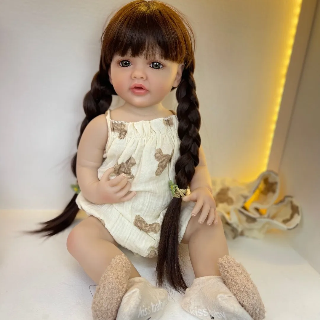 BZDOLL Realistic Lifelike Full Silicone Body Reborn Baby Girl Doll 55 CM 22inch Toy Princess Toddler Bebe with Brown Long Hair