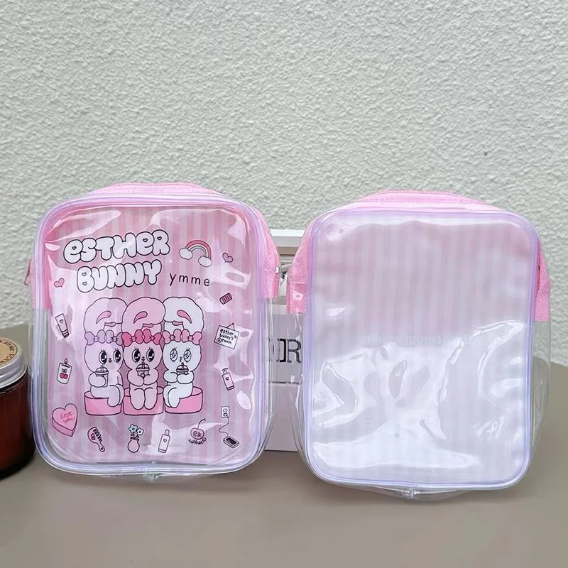 Cute Esther Bunny Transparent Makeup Bag Pink Stripes Pvc Cosmetics Storage Bag Go Out Travel Portable Toiletry Bag Friend Gift view 2