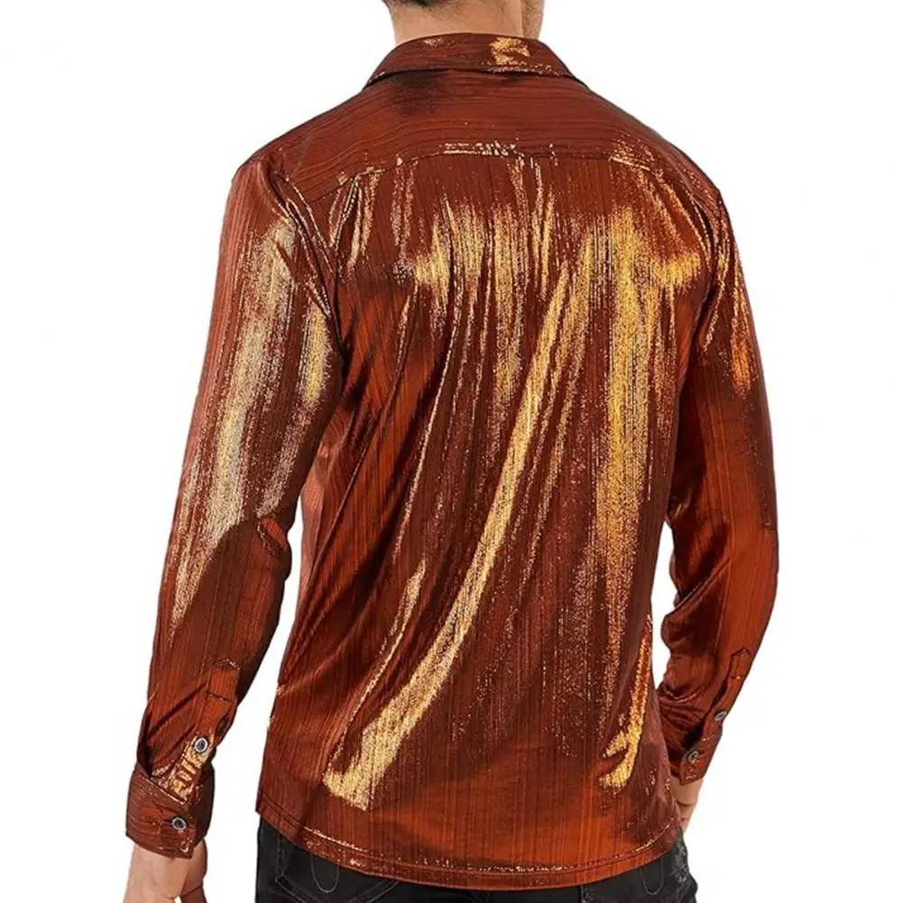 Shiny Long-sleeve Shirt Men's Glossy Surface Button Down Cardigan for Club Performance Dance Long Sleeve Turn-down for Spring