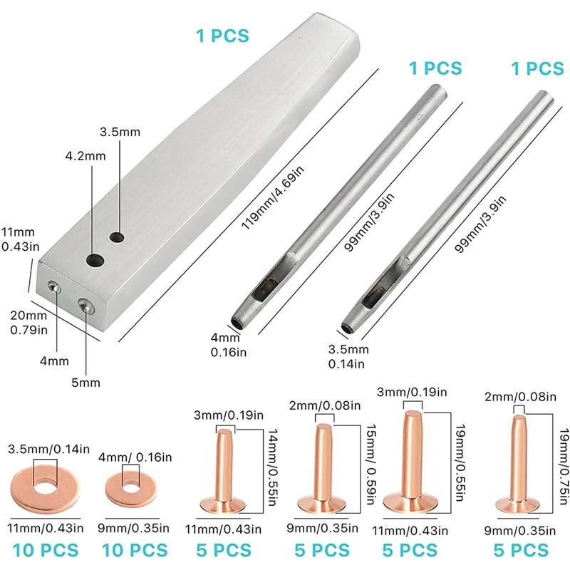 مسامير جلدية 43 قطعة مسامير ونتوءات نحاسية، 4 مقاسات برشام نحاسي ونتوءات تشكيلة