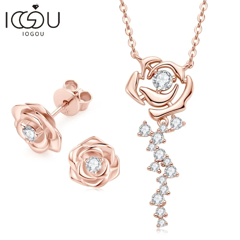 Vintage Rose Moissanite 925 Sterling Silver Jewelry Sets for Women Rose Gold Color Pendant Necklace Stud Earrings Birthday Gifts