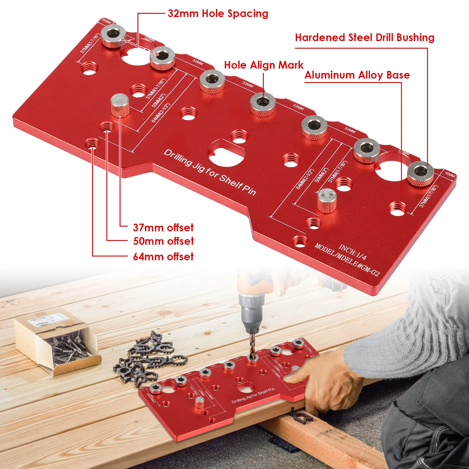Shelf Pin Jig 1/4in Aluminum Alloy Shelf Pin Drilling Guide Precise Cabinet Mounting Template Jig 32mm Spacing Woodworking Tool view 3