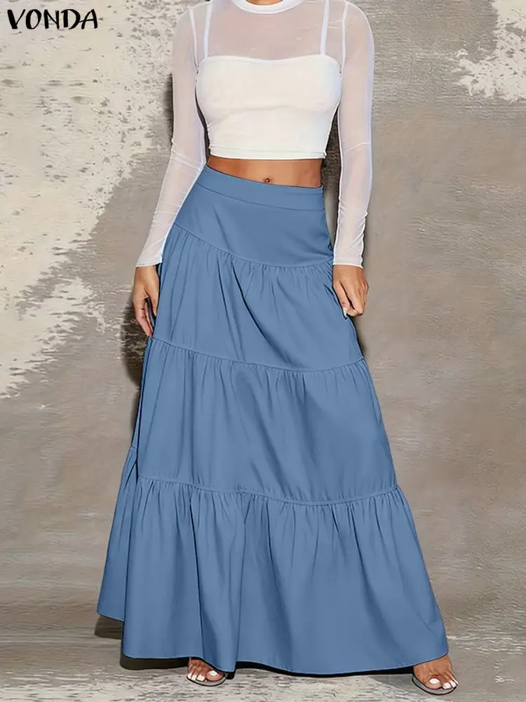 プラスサイズ 5XL VONDA エレガントなマキシスカート女性弾性ウエストジュープスファルダスサイアファッションカジュアルフリルロングスカートオーバースカート