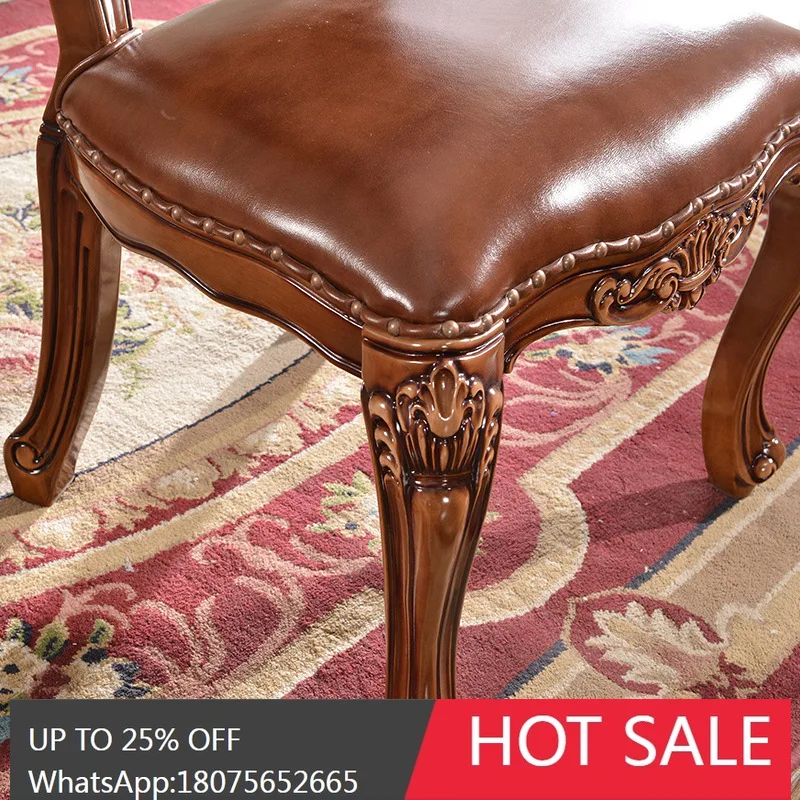 HLZ European Style All Solid Wood Genuine Leather Dining Chair Top Layer Leather Chair Fully Assembled Sturdy and Durable