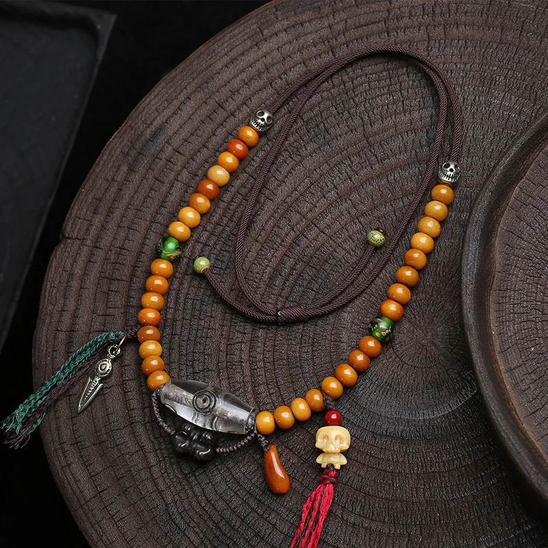 

Tibetan Returned Yak Bone Weaving Necklace Materialware Dzi Bead Obsidian Pestle and Mortar Glaze Accessories Sweater Chain