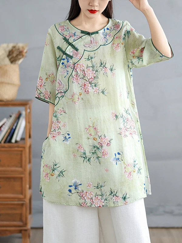 Retro Chinese Sle Geborduurde Vlas irt Dr vrouwen Losse Afslanken Comfortabele High-End Gevoel Thee Kostuum Zomer
