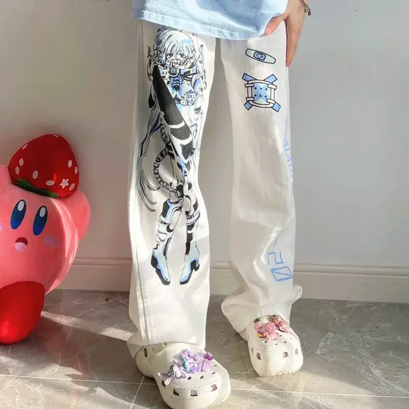 Y2K Pantaloni bianchi con stampa anime Donna Harajuku Manga Sottocultura Pantaloni a gamba larga Pantaloni sportivi da cartone animato Kawaii in stile giapponese