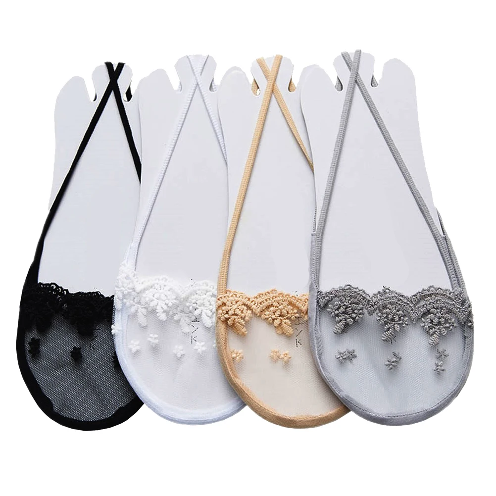 

4 Pairs Cotton Suspenders Lace Socks Summer Invisible Boat Women Black White Grey Skin Lightweight Breathable Embroidery