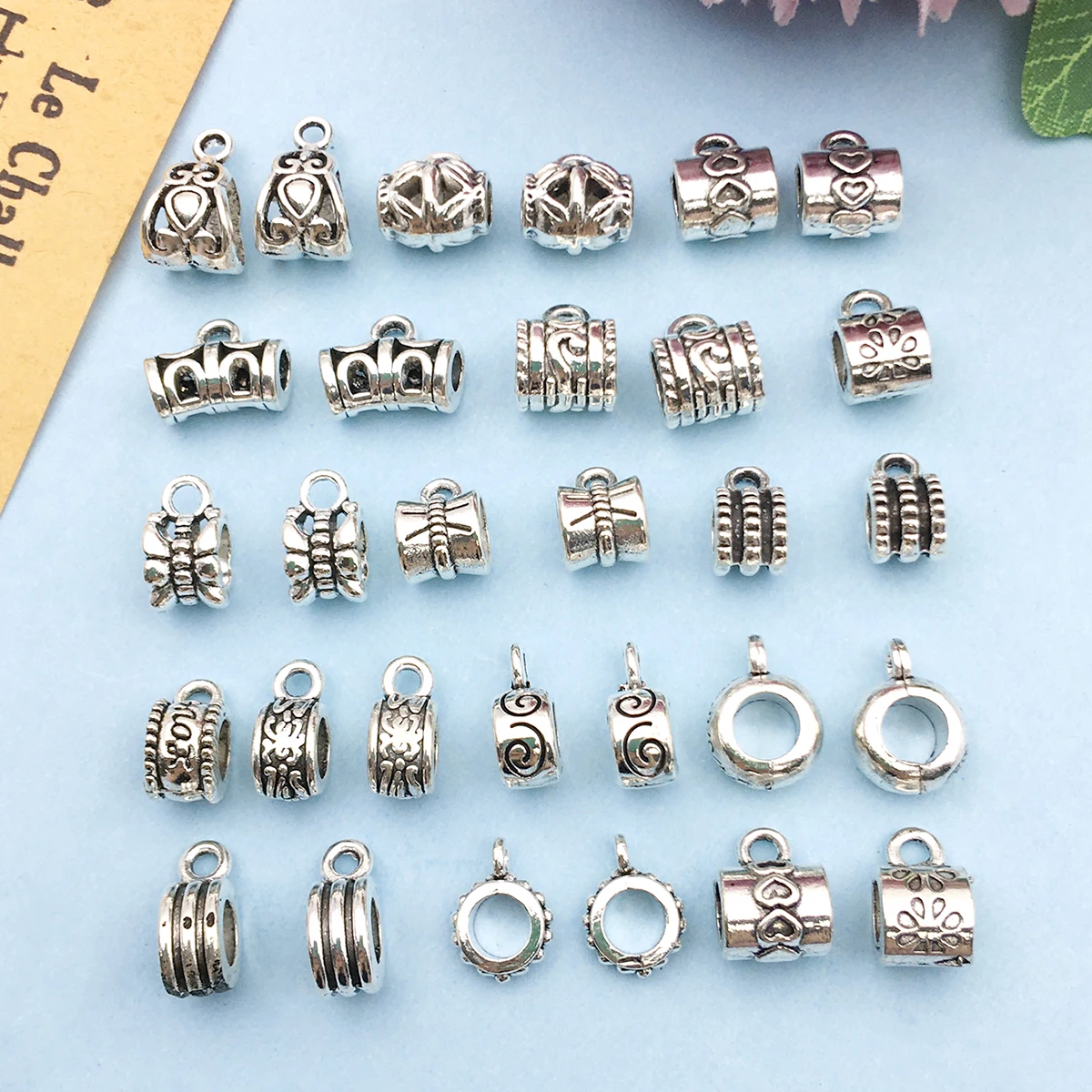 30pcs antique silver charm Big Hole Three-way Halloween Christmas pendant DIY jewelry, back to school season fashion accessory.